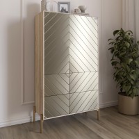 Комод-пенал с рельефной отделкой фасада и золотыми металлическими ножками LION Амарант 84x40x150 см Дуб сонома/Перламутровый металлик (RAL-7048) 840x400x1500 мм (LION-042173)