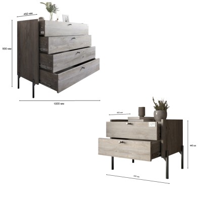 Гарнітур у спальню комод та приліжкова тумба на 2 шухляди чорні ніжки LION Wood Дуб Сонома