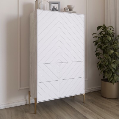 Комод-пенал з рельєфним оздобленням фасаду та золотими металевими ніжками LION Амарант 84x40x150 см Бетон/Білий 