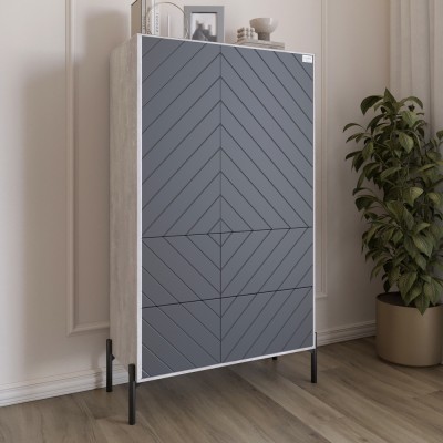 Комод-пенал з рельєфним оздобленням фасаду та чорними металевими ніжками LION Амарант 84x40x150 см Бетон/Графітовий