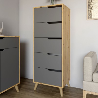 Комод высокий с ножками в цвете Орех светлый 5 ящиков М-ЗОН Борн 500 Дуб Артизан/Антрацит 