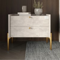 Тумба приліжкова LION Wood з двома ящиками Бетон золоті ніжки