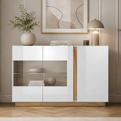 Комод з вітриною Perfect Home Арко / Arco 3-дверний 3D2W/138 Білий глянець/дуб грандсон (PFH-091034)