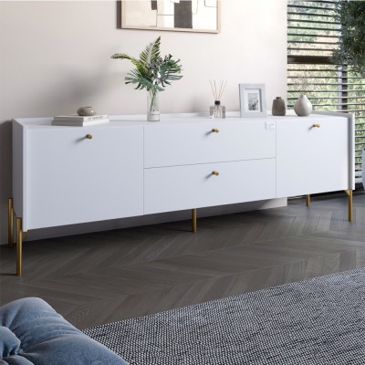Тумба під телевізор з шухлядами LION Wood з золотими ніжками 160x40x65 см Німфея Альба (білий) (LION-043118)