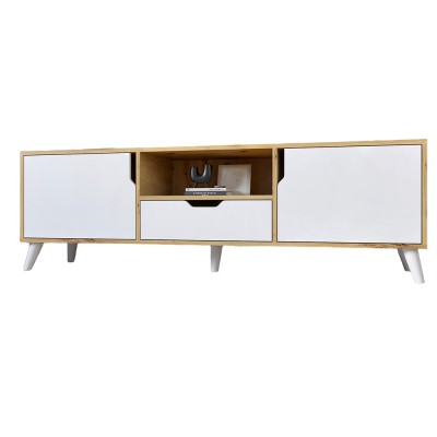 Тумба под телевизор с белыми ножками М-ЗОН Борн 1600 Дуб Артизан/Нимфея Альба  