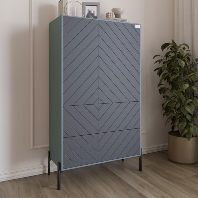 Комод-пенал з рельєфним оздобленням фасаду та чорними металевими ніжками LION Амарант 84x40x150 см Граніт сірий/Графітовий