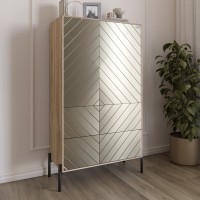 Комод-пенал с рельефной отделкой фасада и черными металлическими ножками LION Амарант 84x40x150 см Дуб сонома трюфель/Перламутровый металлик (RAL-7048) 840x400x1500 мм (LION-042168)