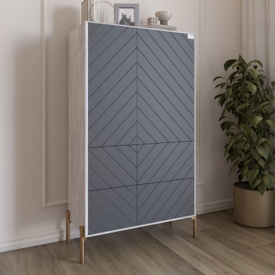 Комод-пенал з рельєфним оздобленням фасаду та золотими металевими ніжками LION Амарант 84x40x150 см Бетон/Графітовий 