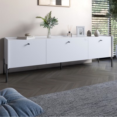 Тумба під телевізор на 3 ящики LION Wood з чорними ніжками 160х65х40 см Німфея Альба білий 