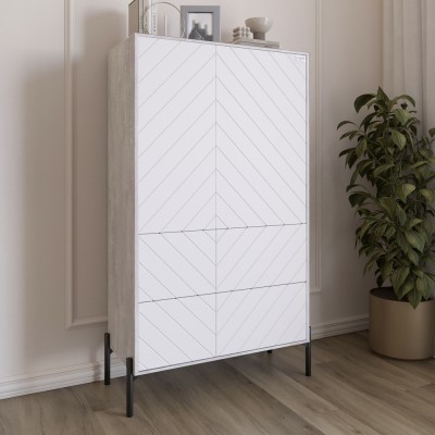 Комод-пенал з рельєфним оздобленням фасаду та чорними металевими ніжками LION Амарант 84x40x150 см Бетон/Білий 