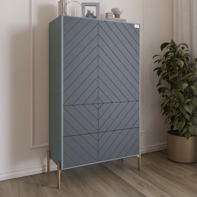 Комод-пенал з рельєфним оздобленням фасаду та золотими металевими ніжками LION Амарант 84x40x150 см Граніт сірий/Графітовий