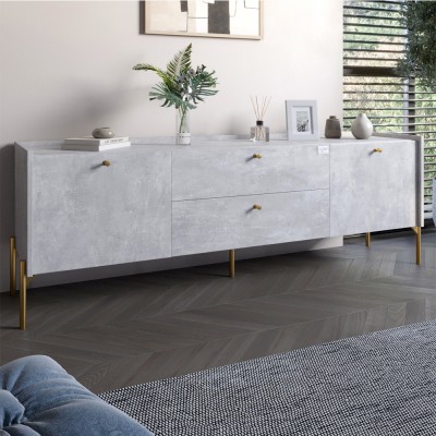 Тумба під телевізор із ящиками LION Wood із золотими ніжками 180х50х40 см Бетон 