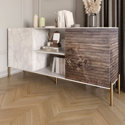 Комод відкритий на золотих металевих ніжках LION Грей Бетон/Дерево