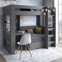 Детская двухъярусная кровать LION Флай 90х190 см со встроенным столом Антрацит/Лили 95 велюр (серый) (LION-041632)