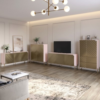 Комплект меблів для вітальні LION Амарант 4 елементи із золотими металевими ніжками Рожевий/Перламутровий металік RAL-7048 