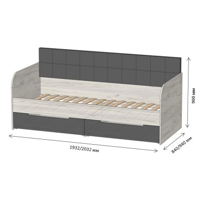 Детская односпальная кровать LION Л-7 с ящиками и ламелями 90x200 см Лили-95 Гранит серый 