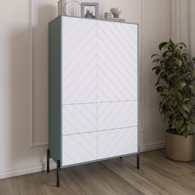 Комод-пенал з рельєфним оздобленням фасаду та чорними металевими ніжками LION Амарант 84x40x150 см Граніт сірий/Білий 