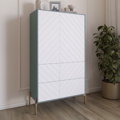 Комод-пенал з рельєфним оздобленням фасаду та золотими металевими ніжками LION Амарант 84x40x150 см Граніт сірий/Білий